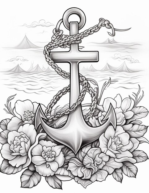 a black and white anchor with roses and a rope generative ai