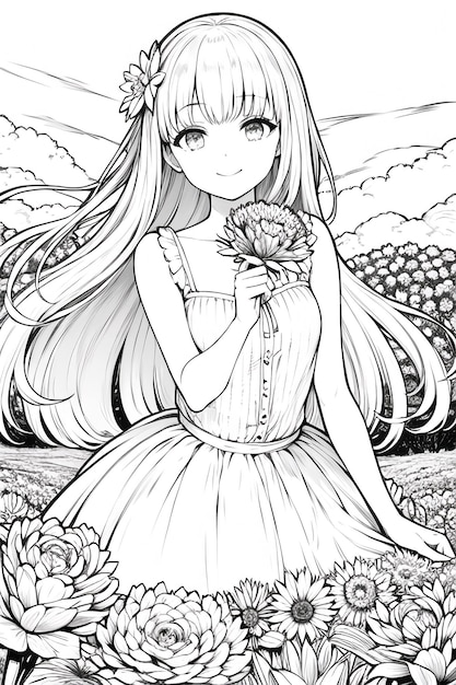 Black and white anime girl with a flower in her hand