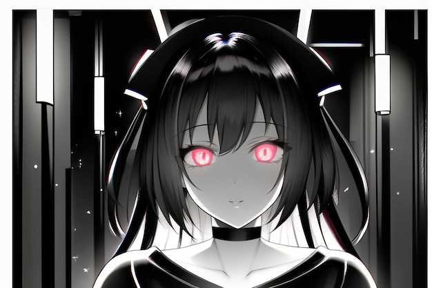 A black and white anime girl with red eyes and a black shirt with the word " hell " on the front.