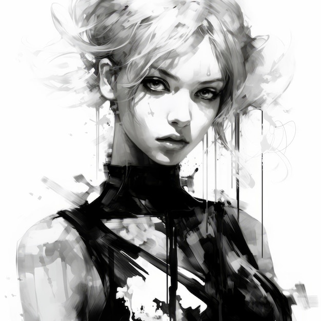 Photo black and white art drawing of young female in yuumei style