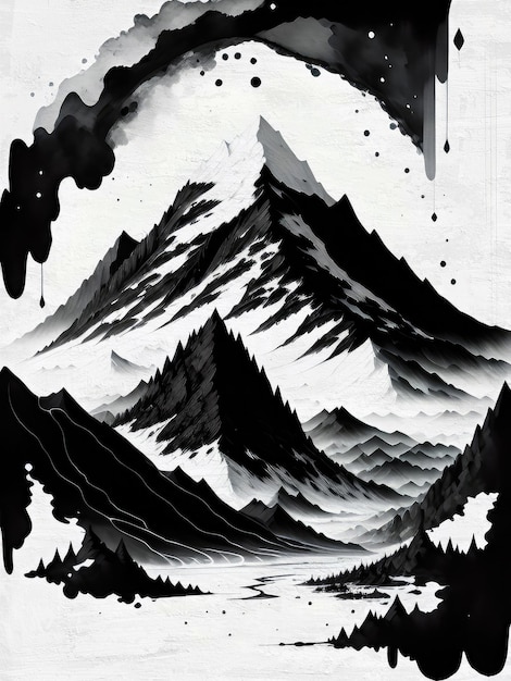 Black and white artistic landscape ink drawing