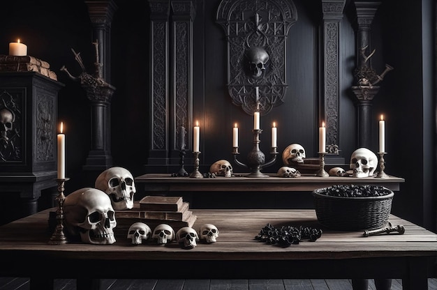 Black and white background at mystical dark interior of medieval room with wooden table with skulls and bones against an ancient stone wall Scary backgrounds for Halloween Copy space text place