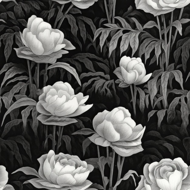 A black and white background with a black and white peonies.