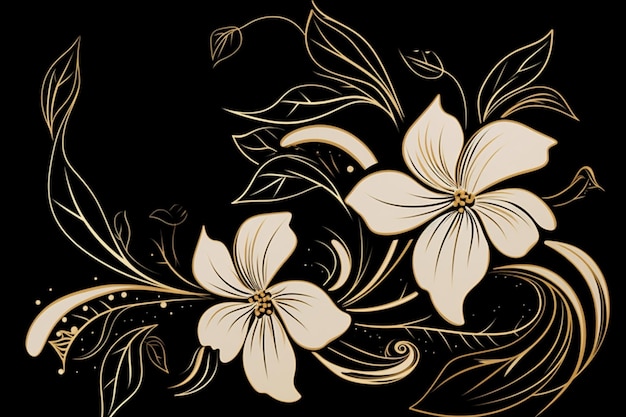 A black and white background with flowers and leaves on it.