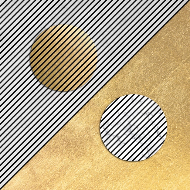 A black and white background with a gold circle and a black and white stripe.