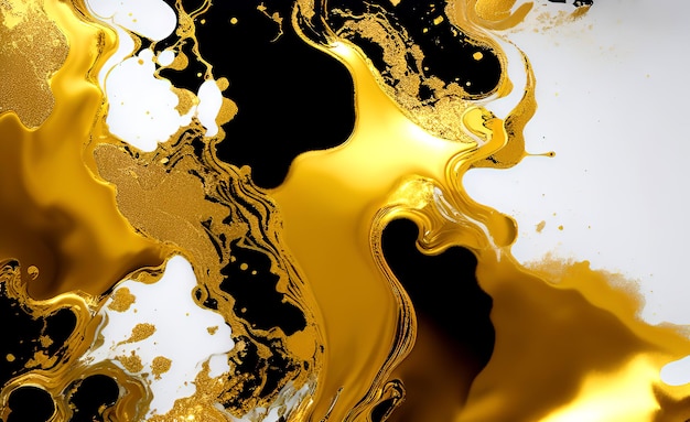 a black and white background with gold paint and a white sphere.