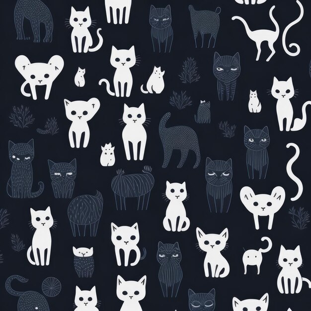 A black and white background with many different cats.