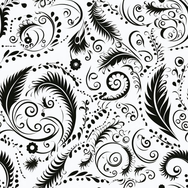 A black and white background with a pattern of black flowers and swirls.