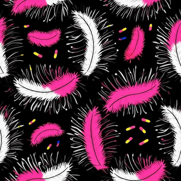 a black and white background with pink feathers and yellow eyes generative ai