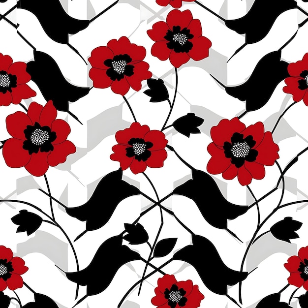 a black and white background with red flowers and birds