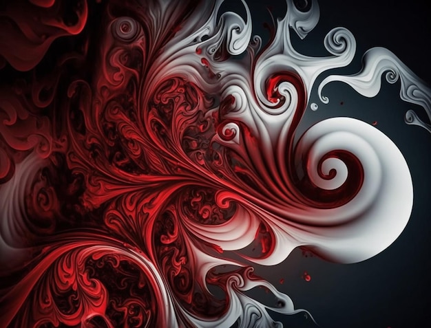 A black and white background with a red and white swirl design.