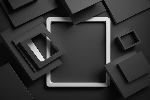 A black and white background with a square frame and a silver square.