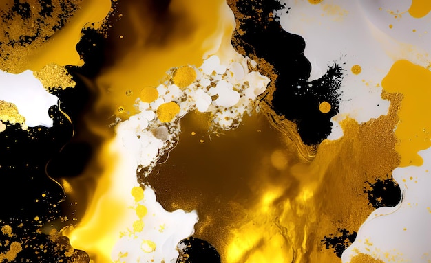 a black and white background with yellow paint and black and white paint.