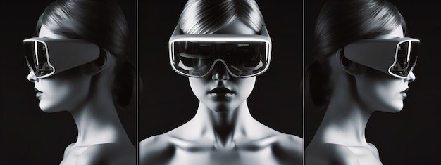 Black and white banner Young girl in virtual reality glasses shown from three sides