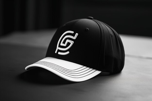 A black and white baseball cap with a team logo