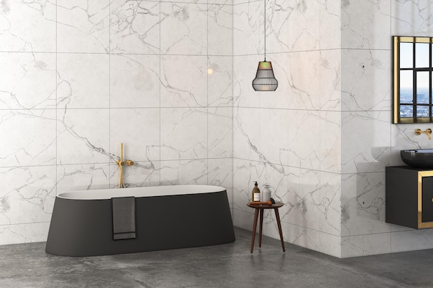 A black-white bathtub standing on a concrete floor with with marble background. 3d rendering