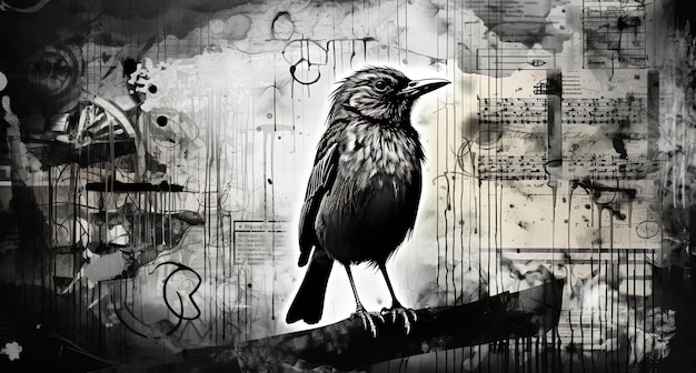 black and white bird art for sale in the style of superimposed text