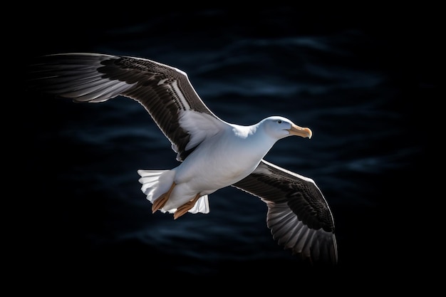 A black and white bird is flying over the ocean.