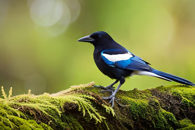 A black and white bird with a blue tail sits on a mossy branch.