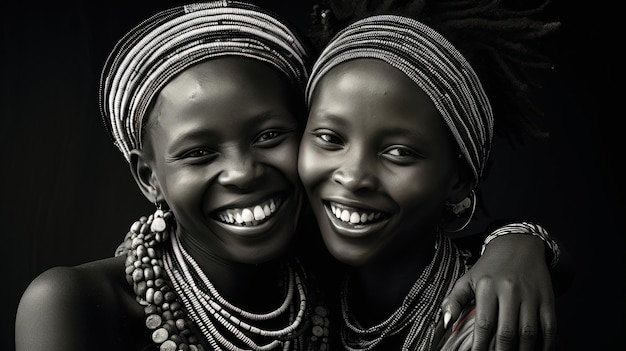 Black and white of black two women smile