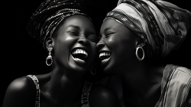 Black and white of black two women smile