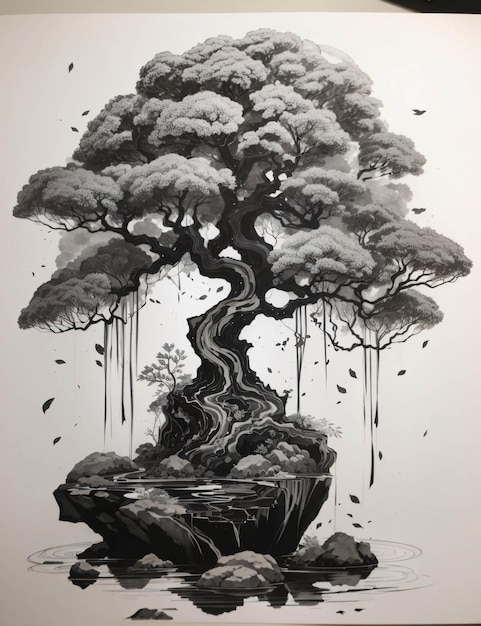 Foto albero bonsai bianco e nero sumi e inchiostro illustrazione pittura tradizionale lavata arte vintage