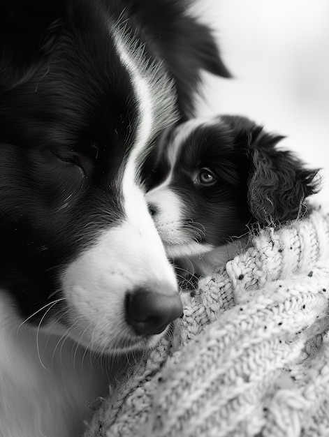 Foto border collies bianchi e neri abbracciano genitori e cuccioli condividono un momento tenero in bianco e nero