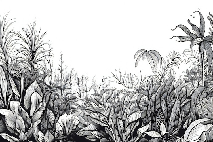 Photo black and white botanical illustration hand drawn leaves and plants