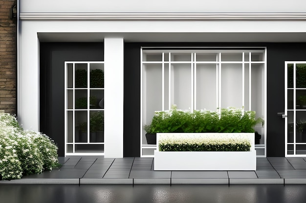 A black and white building with a window box with a planter in front of it.