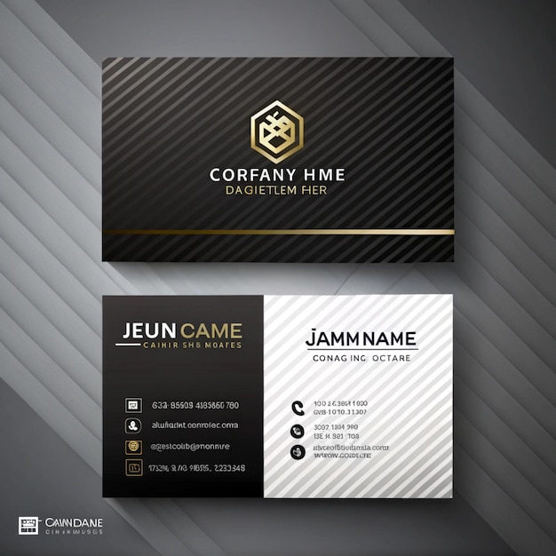 a black and white business card with a black and gold logo