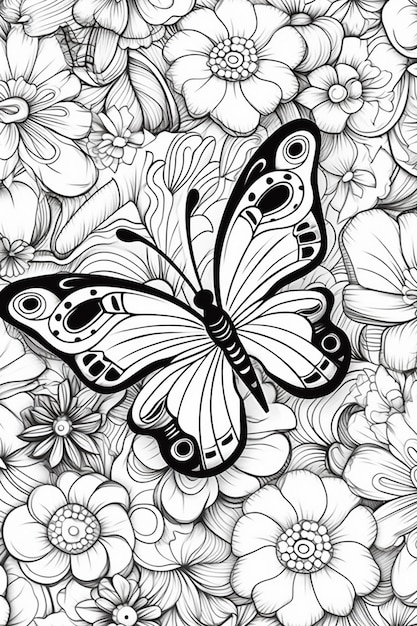 A black and white butterfly sitting on a flower field generative ai