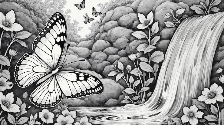 फोटो black and white butterfly and waterfall scene