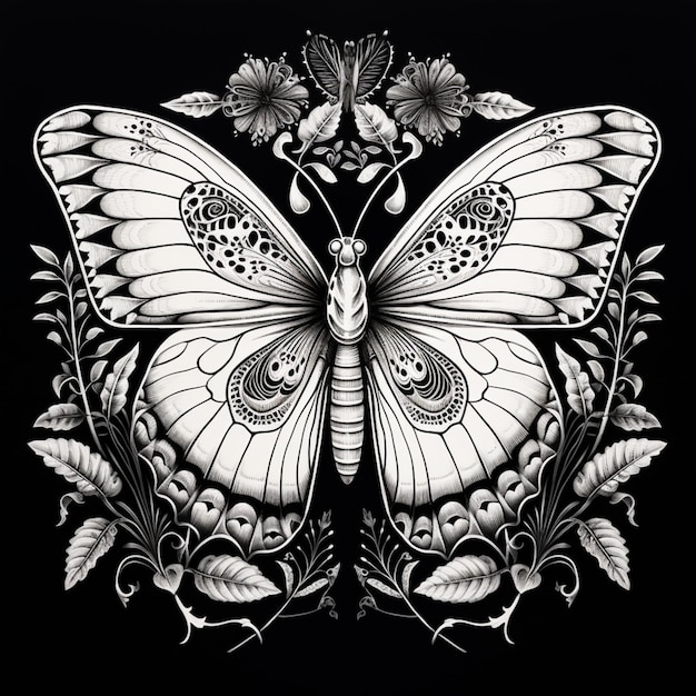 a black and white butterfly with flowers and leaves on a black background generative ai