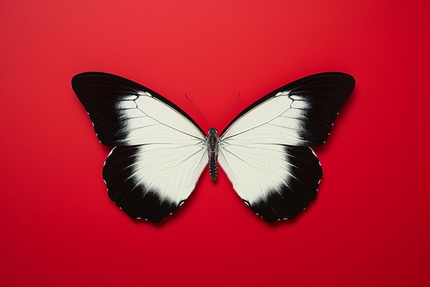 Foto una farfalla bianca e nera con uno sfondo rosso