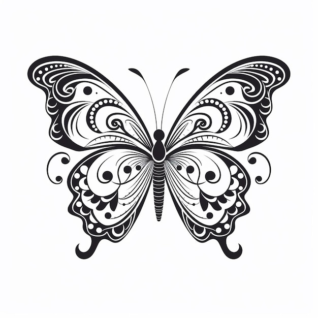 a black and white butterfly with swirly wings on a white background generative ai