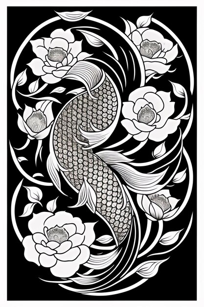 A black and white card with a fish and flowers.