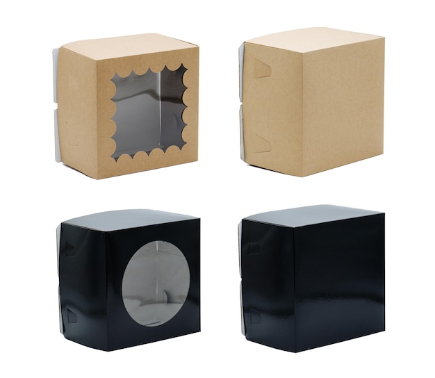 Black and white cardboard boxes with plastic windows of different shape