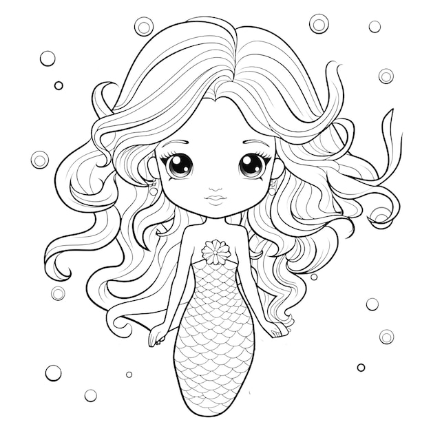 Photo black and white cartoon illustration of cute mermaid character for coloring book