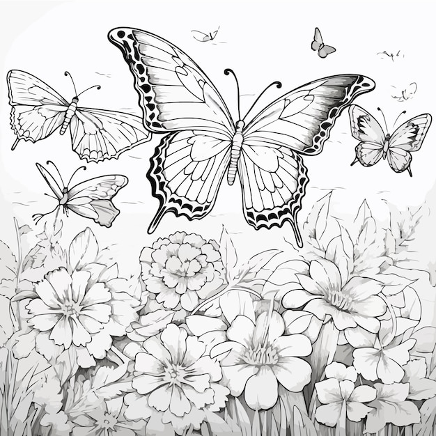 black and white cartoon illustration of happy butterfly