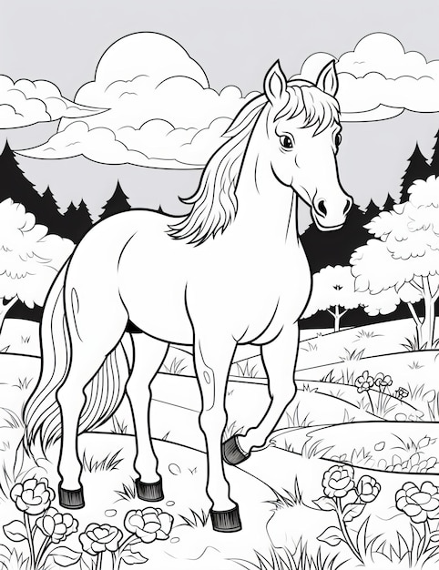 Foto illustrazione in bianco e nero di un animale della fattoria dei cavalli per colorare un libro