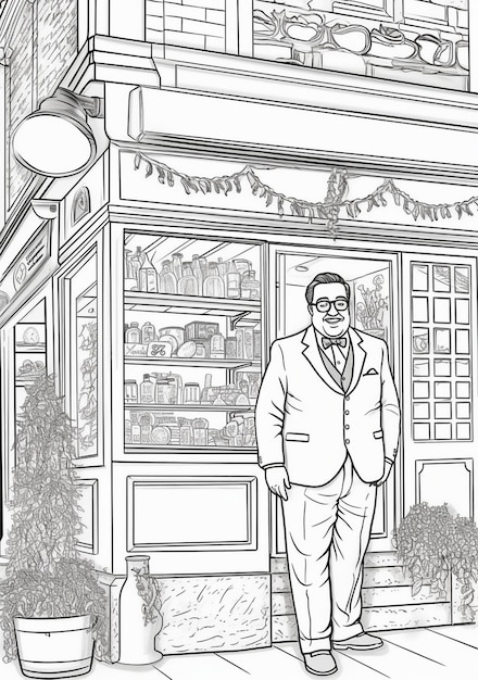 black and white cartoon sketch of a grocery store