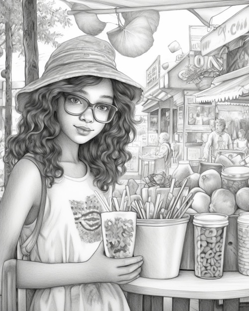 Black and white cartoon sketch of a grocery store