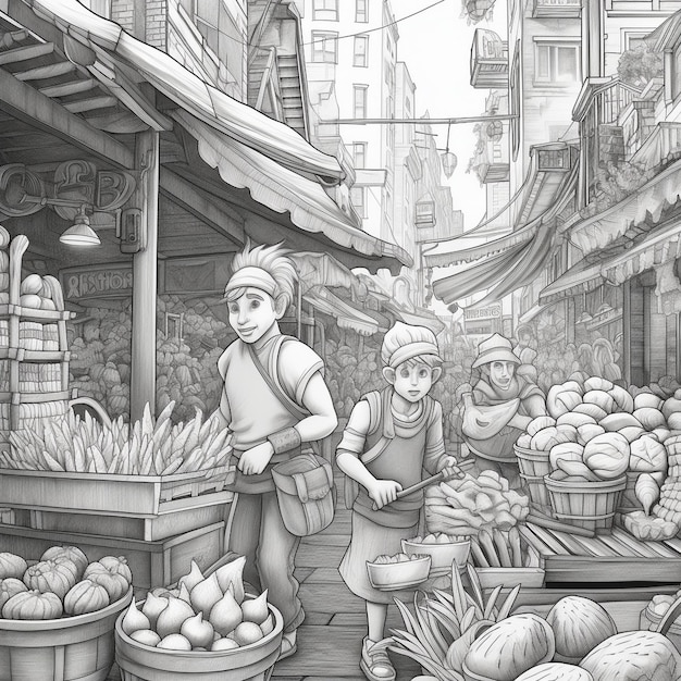 Photo black and white cartoon sketch of a grocery store