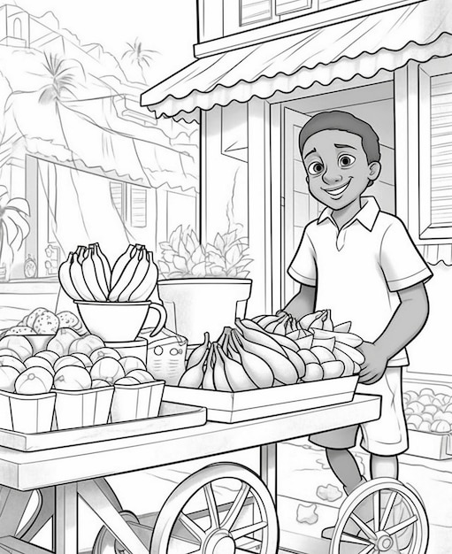 black and white cartoon sketch of a grocery store