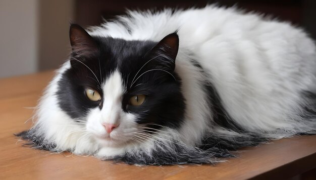 ブラウン色のテーブルの上に黒と白の猫が横たわっておりすべては羊毛で覆われている