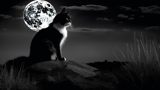 A black and white cat sits on a hill in front of