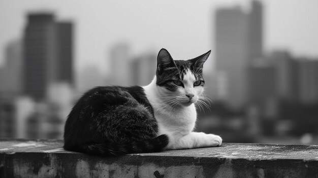 A black and white cat sits on a wall in front of a cityscape.