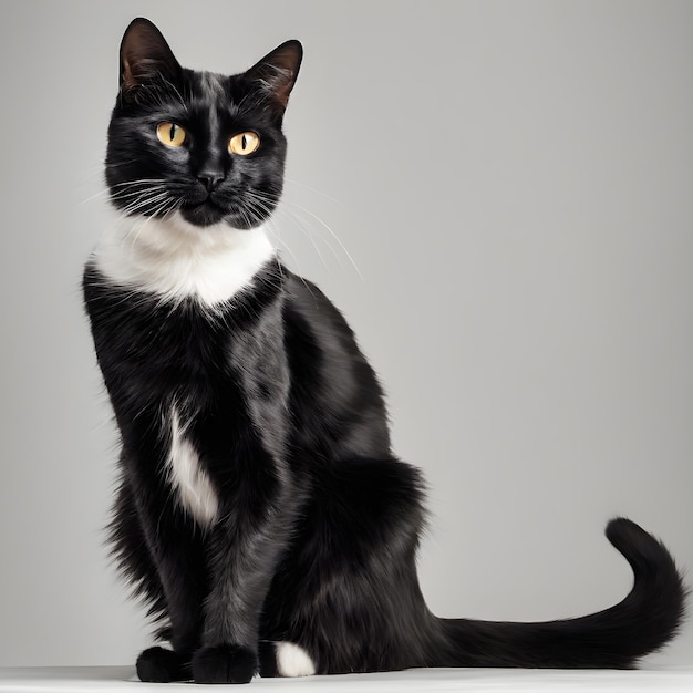 black and white cat sitting in front of white wall