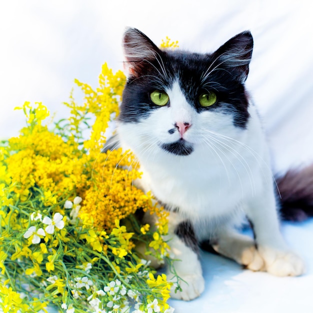 Black and white cat sitting near yellow flowers