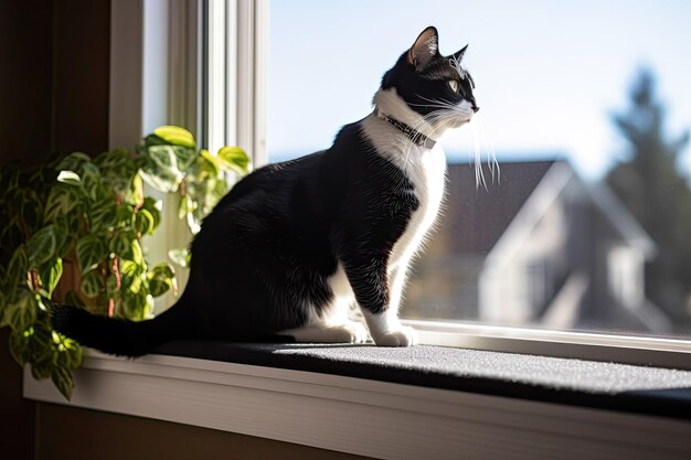 A black and white cat sitting on a window sill